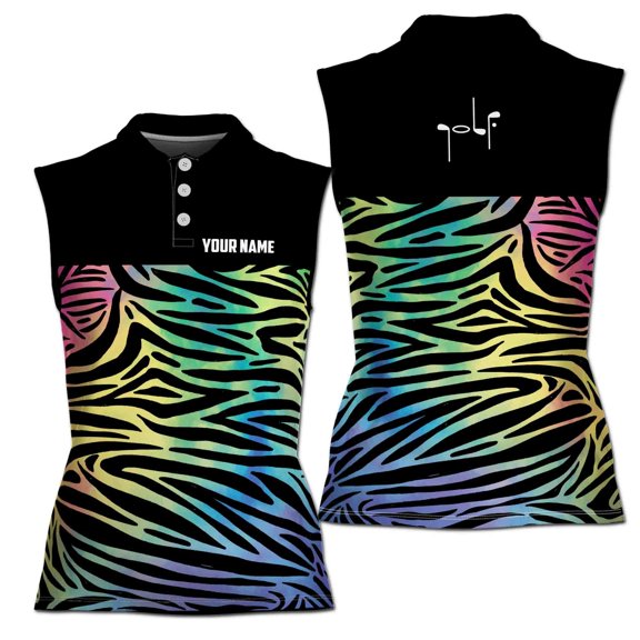 Custom Name Golf Colorful Zebra Patten Golfer Women Sleeveless Polo XS-4XL