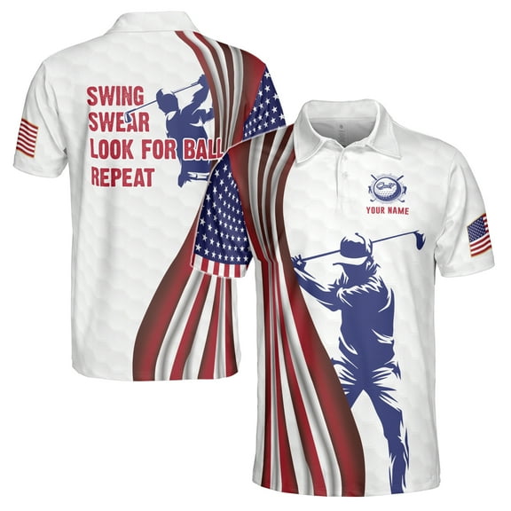 Custom Name Golf Swing, Swear Look for Ball Repeat American Flag Golfer Men's Polo S-5XL