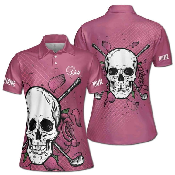 Custom Name Golf with Skull and Rose Women's Polo S-5XL