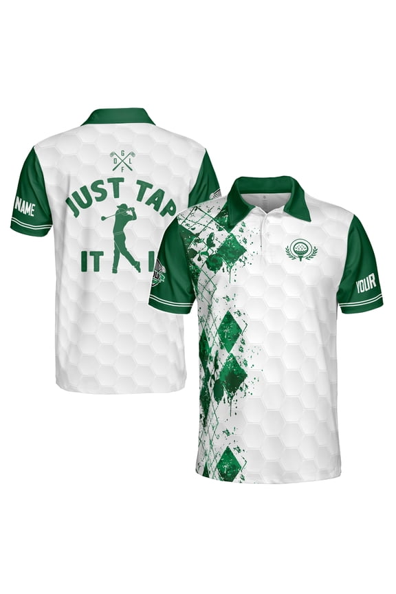 Custom Name Golfer Argyle Color Spatter Just Tap It In Men's Polo S-5XL