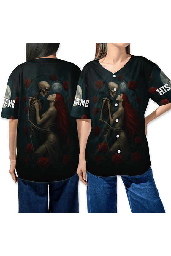 Custom Name Gothic Skeleton Couple Lover Baseball Jersey – Dark Rose Fantasy Shirt for Men & Women – Halloween Aesthetic Button Up Tee