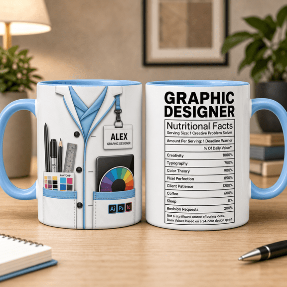 Custom Name Graphic Designer Mug, 3D Effect Designer Nutrition Facts Mug