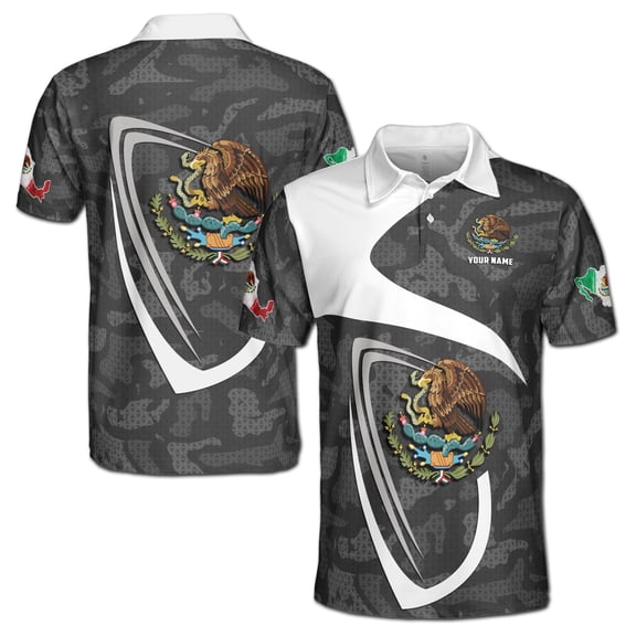 Custom Name Gray Mexico Coat Of Arms Eagle Mexico Men's Polo Shirt S-5XL