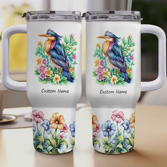 Custom Name Green Heron Lover Tumbler 40oz with Lid and Handle - Insulated Stainless Travel Cup With Straw - Cute Animal Gift for Women Girls - Birthday Christmas Present