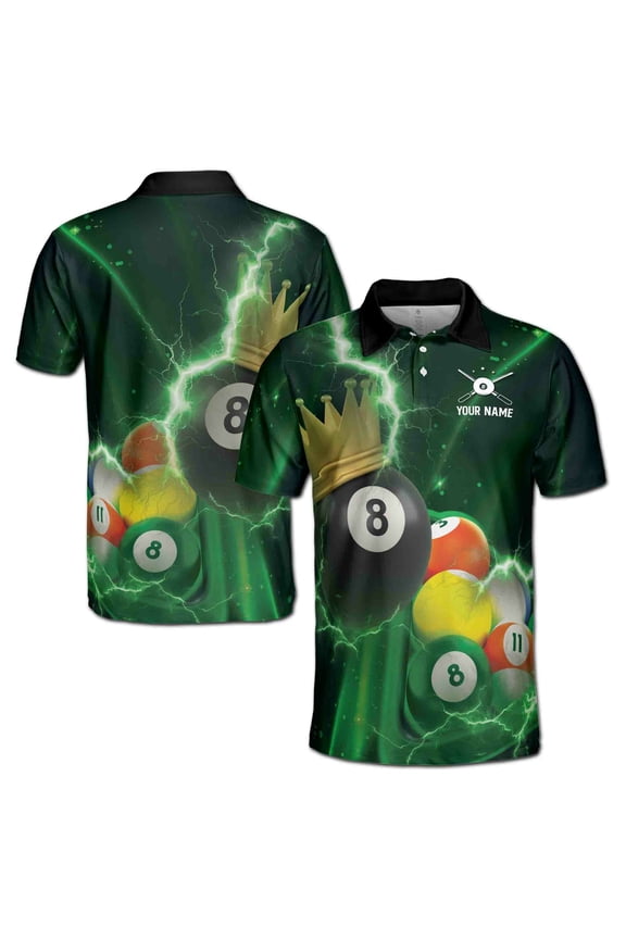 Custom Name Green Lightning The 8Balls King Men's Polo Shirt S-5XL