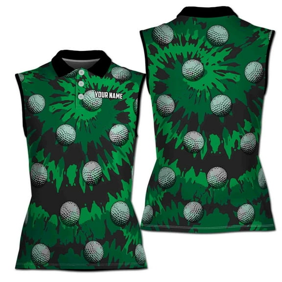 Custom Name Green Tie Dye Golf Lover Women's Sleeveless Polo XS-4XL