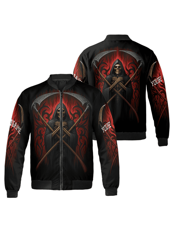 Custom Name Grim Reaper Bomber Jacket – Gothic Skull Flame Design - Dark Fantasy Death Hoodie Style Outerwear