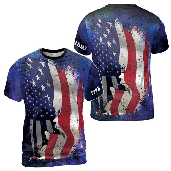 Custom Name Grunge American Flag Fisherman Patriotic Fishing 3D T-Shirt S-5XL