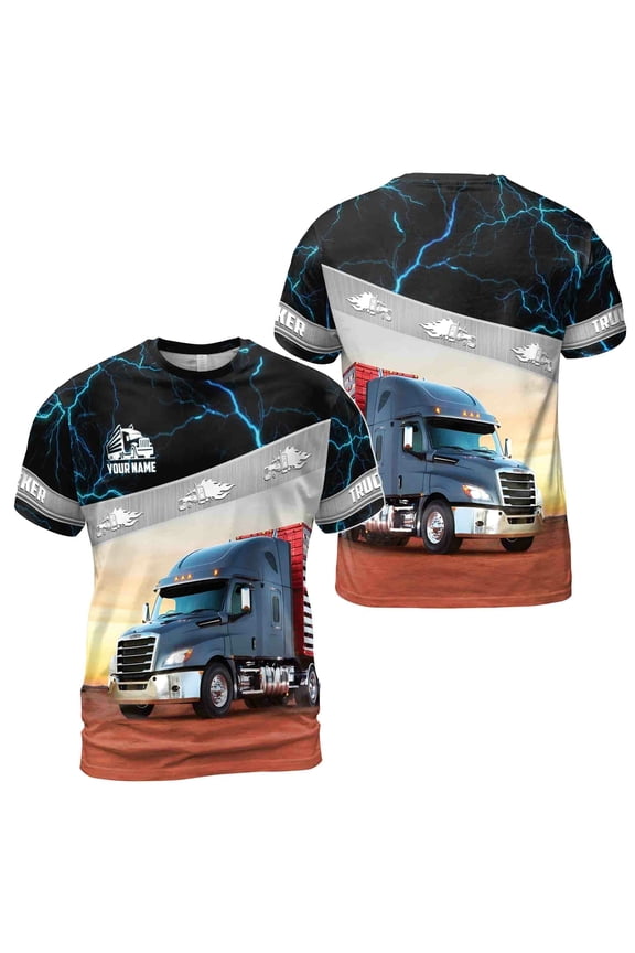 Custom Name Grunge Blue Lightning Trucker On Road Men's T-shirt S-5XL