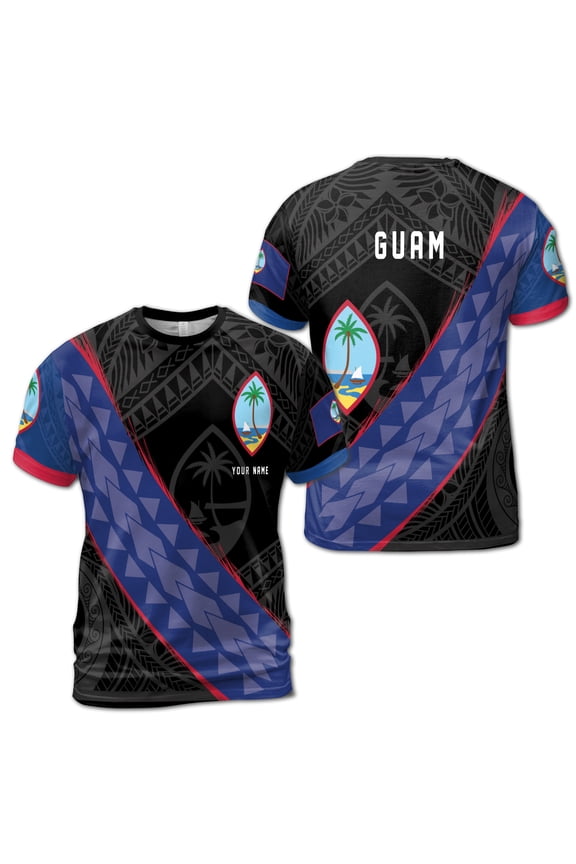 Custom Name Guam Flag with Unique Tribal Tattoo Patterns Unisex T-Shirt S-5XL