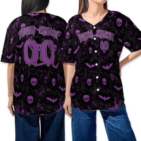 Custom Name Halloween Baseball Jersey – Purple Skull & Bat Pattern Shirt – Spooky Team Jersey for Halloween Parties – Unisex Button Up Costume Top