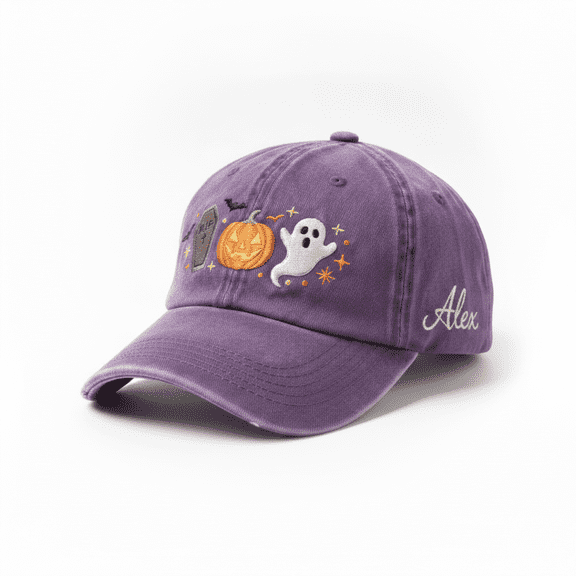 Custom Name Halloween Embroidered Baseball Hat, Personalized Spooky Witch Pumpkin Bat Cap