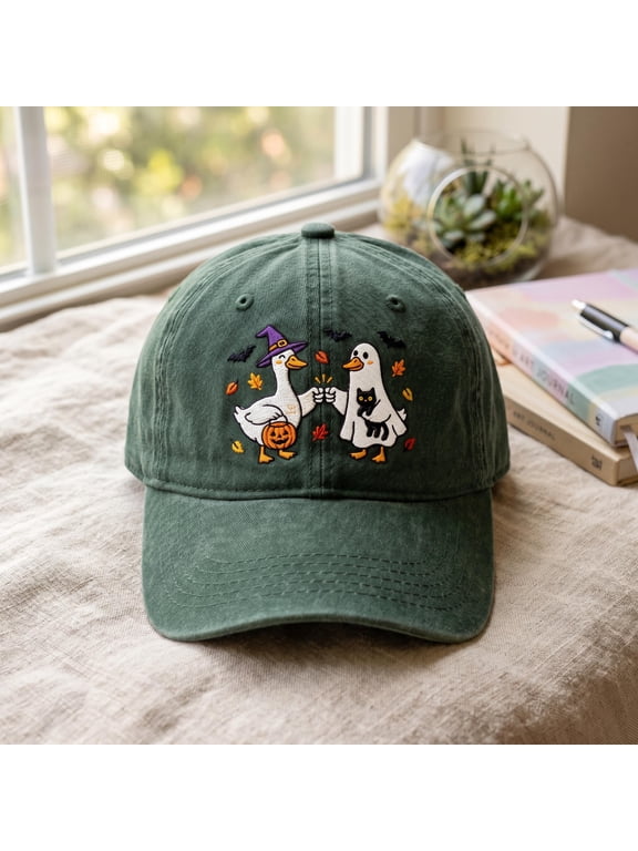 Custom Name Halloween Goose Embroidered Baseball Hat, Personalized Spooky Ghost Pumpkin Costume Cap
