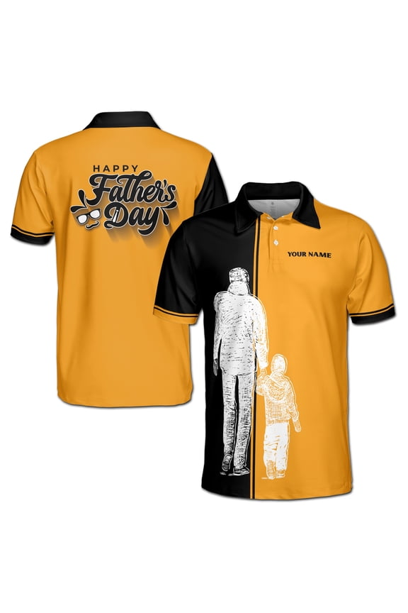 Custom Name Happy Father and Son Silhouette Black Yellow Men's Polo Shirt S-5XL