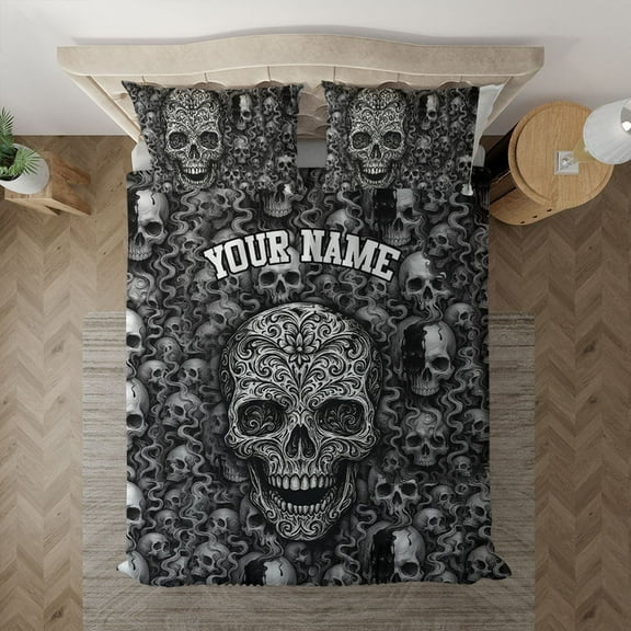 Custom Name Horror Skull Bedding Set – Personalized Gothic Skull Pattern Duvet Cover with Pillowcases