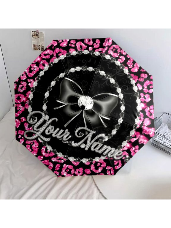 Custom Name Hot Pink Leopard-print Bow Fashion Print Automatic Folding Umbrella, Portable 8-Rib Windproof Rain Umbrella for Outdoor, Travel, and Daily Use