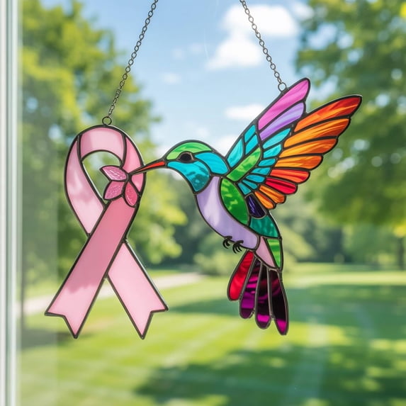 Custom Name Hummingbird Acrylic Suncatcher, Breast Cancer Awareness Sun Catcher, Hummingbird Window Hanging, Cancer Support Ornament