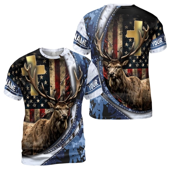 Custom Name Hunting Deer Design American Flag Cross Hunting Men's T-Shirt S-5XL
