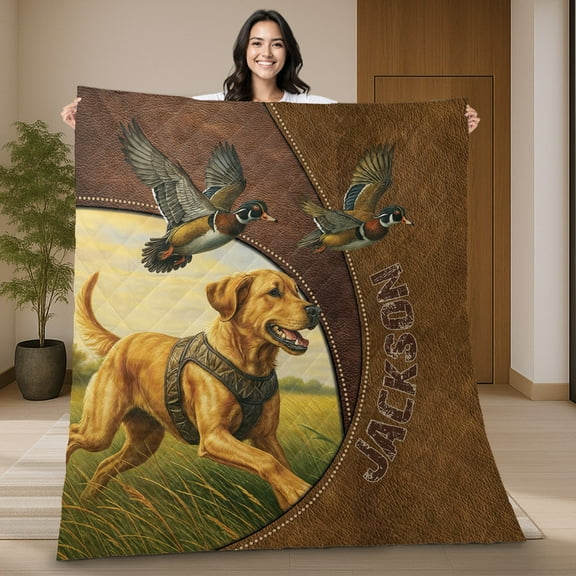 Custom Name Hunting Dog Quilt Blanket - Personalized Labrador Retriever Quilt Blanket with Ducks for Hunters