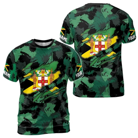 Custom Name Jamaica Coat of Arms Jamaica Flag Camo Men's T-shirt S-5XL
