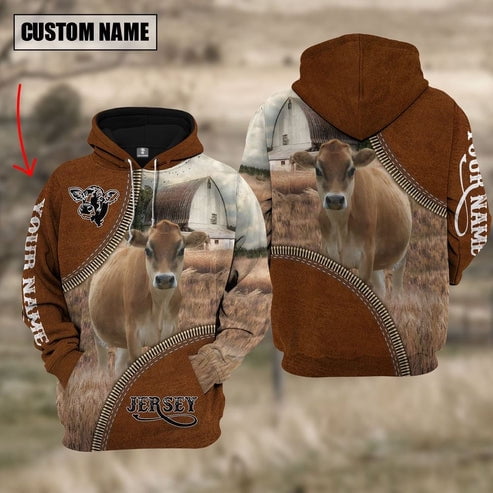 Custom Name Jersey Cattle Leather Zipper 3d Hoodie, Farm Hoodie, Farmer 