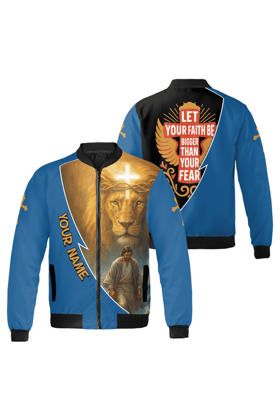Custom Name Jesus Lion of Judah "Let Your Faith Be Bigger Than Your Fear " Bomber Jacket - Christian Faith Christmas Gift Religious Outerwear