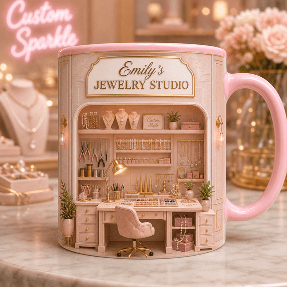 Custom Name Jewelry Maker Mug, Personalized 3D Effect Jewelry Studio Gift