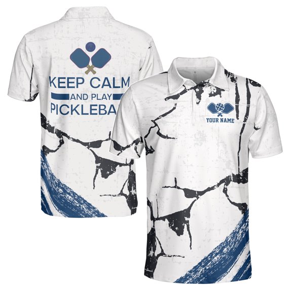 Custom Name Keep Calm And Play Pickleball Blue Men's Polo Shirt S-5XL