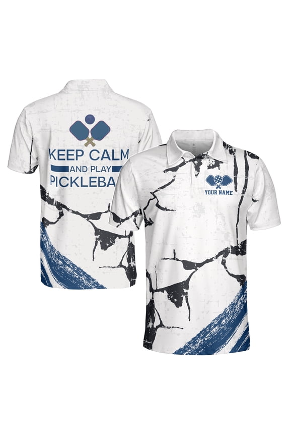 Custom Name Keep Calm And Play Pickleball Blue Men's Polo Shirt S-5XL