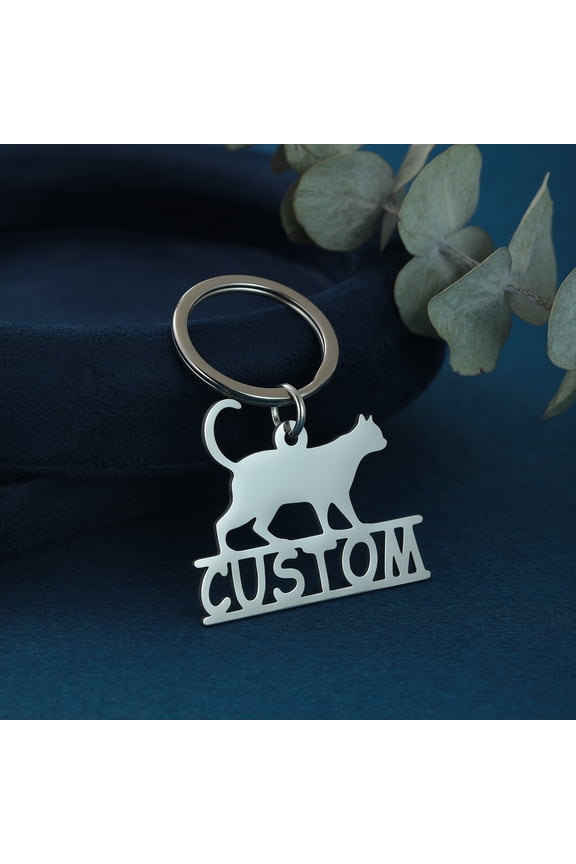 Custom Name Keychain Personalized Stainless Steel Cat Pendant Key Chains Gift Customized Nameplate Letter Keyring Jewelry