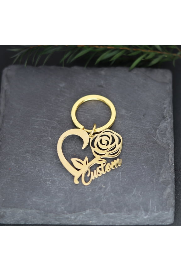 Custom Name Keychain Rose Heart Stainless Steel Key Chain Birthday Valentine's Gift Engraved Nameplate Wedding Keyring