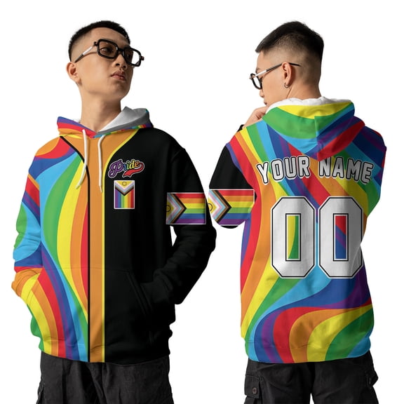 Custom Name LGBT Pride Month Hoodie, Pride Rainbow All-Over Print 3d Hoodie, Custom Name and Number LGBTQ Pride Pullover Sweatshirt