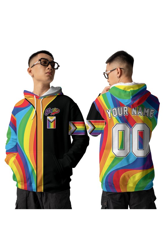 Custom Name LGBT Pride Month Hoodie, Pride Rainbow All-Over Print 3d Hoodie, Custom Name and Number LGBTQ Pride Pullover Sweatshirt