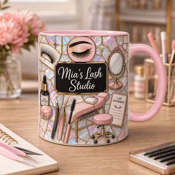Custom Name Lash Technician Mug, Personalized Stained Glass Lash Studio Cup