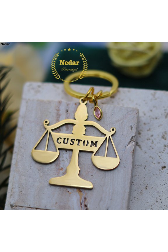 Custom Name Lawyer Stainless Steel Balance Law Scales of Justice Birthstone Keyring Customized Zodiac Libra Keychain Gift