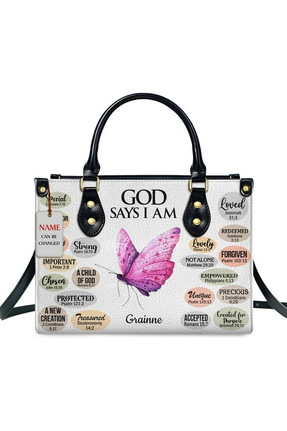 Custom Name Leather Handbags For Women - Christmas Gifts For Women - Christian Gifts, God Says I Am Background, Custom Name Bag