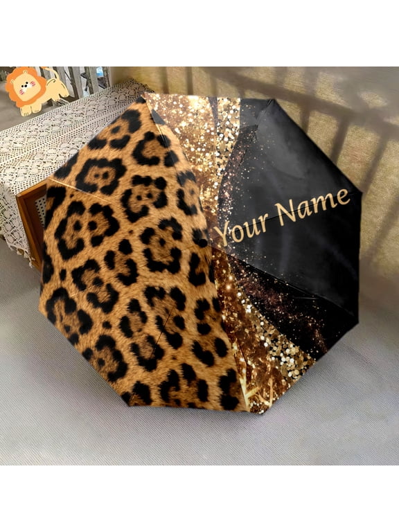 Custom Name Leopard Fashion Print Automatic Folding Umbrella, Portable 8-Rib Windproof Rain Umbrella for Outdoor, Travel, and Daily Use