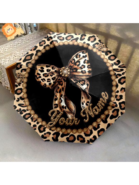 Custom Name Leopard Print Fashion Print Automatic Folding Umbrella, Portable 8-Rib Windproof Rain Umbrella for Outdoor, Travel, and Daily Use
