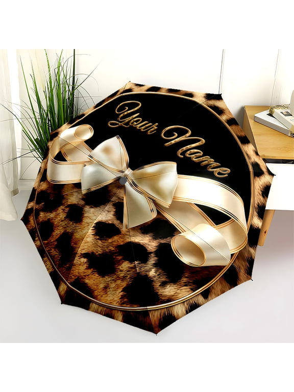 Custom Name Leopard Print Fashion Print Automatic Folding Umbrella, Portable 8-Rib Windproof Rain Umbrella for Outdoor, Travel, and Daily Use