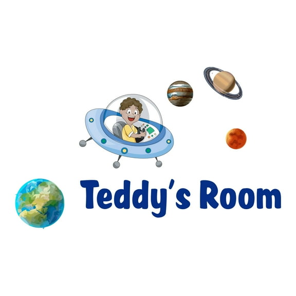 Custom Name Little kid Outer Space AdventureWall Decal Decoration Adventurous Space Cartoon Space ship Decorating Ideas for Child's Bedroom Size: 10 In(W) x 6 In(H)