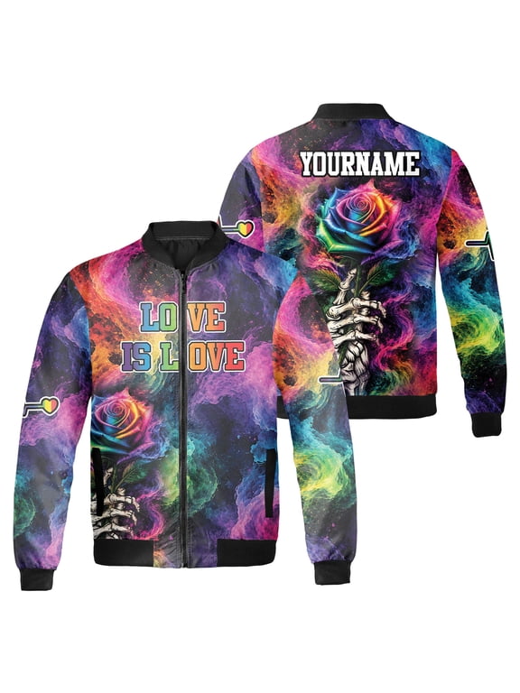 Custom Name Love Is Love Bomber Jacket, Rainbow Rose Skeleton Hand and Galaxy Graphic, LGBT Pride Month Colorful Zip Up Jacket