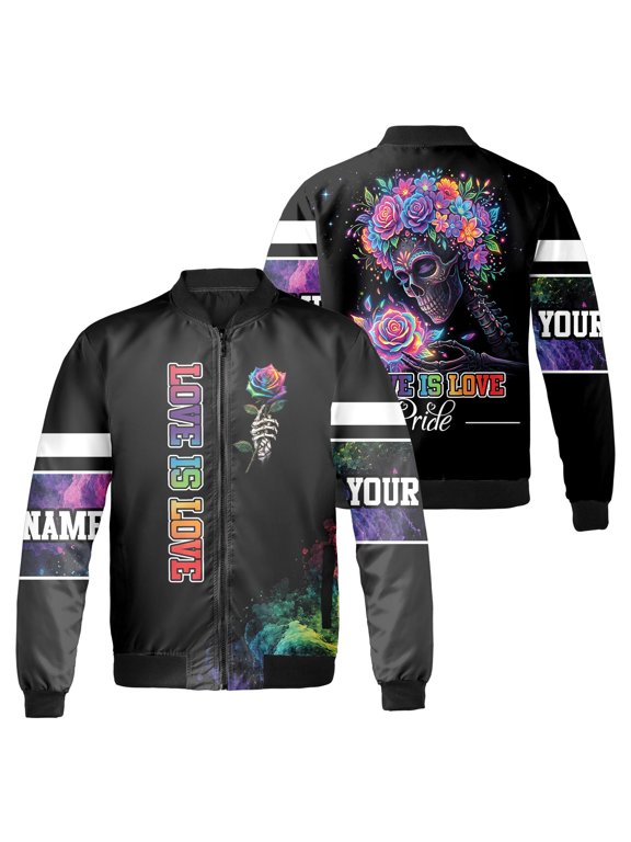 Custom Name Love Is Love Pride Bomber Jacket, Floral Sugar Skull and Rainbow Rose Graphic, LGBT Pride Month Black Zip Up Jacket
