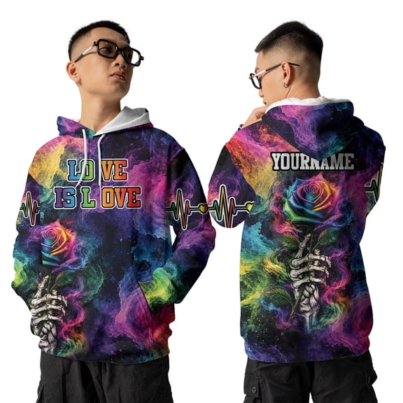 Custom Name Love Is Love Rainbow Hoodie, Personalized LGBT Pride 3D Hoodie, Colorful Rainbow Nebula Skeleton Rose Sweatshirt