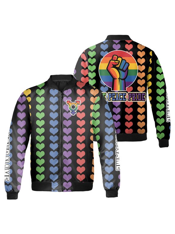 Custom Name Love Peace Pride Bomber Jacket, Rainbow Heart Pattern and Gender Symbol Graphic, LGBT Pride Month Black Zip Up Jacket