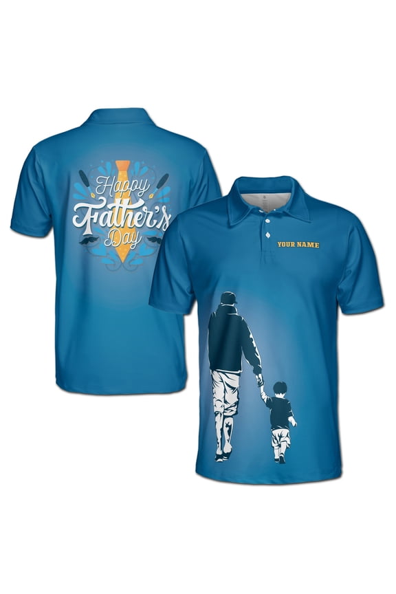 Custom Name Love You Dad Father and Son Silhouette Blue Men's Polo Shirt S-5XL