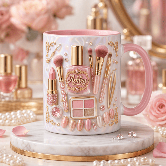 Custom Name Makeup Mug 2D Printed 3D Effect Blush Pink Beauty Gift