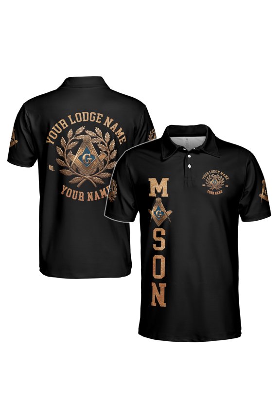 Custom Name Master Mason Freemason Bronze Emblem Men's Polo S-5XL