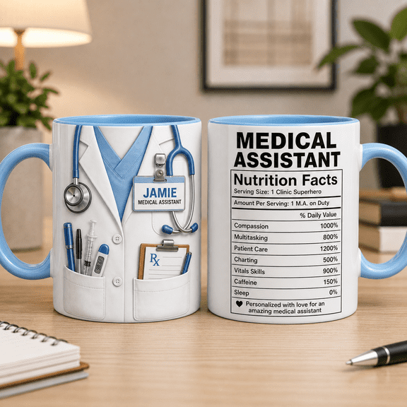 Custom Name Medical Assistant Mugs, Ceramic Clinic Worker Nutrition Facts Gift
