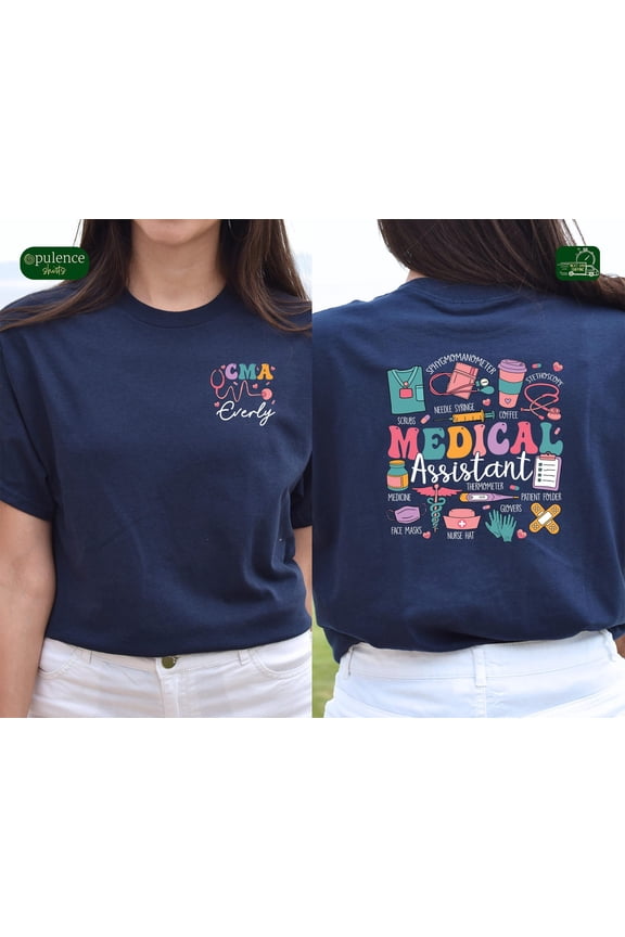 Custom Name Medical Assistant T-Shirt, Personalized CMA Graduation Gift, Navy Blue Medical Assistant Tee with Colorful Graphics