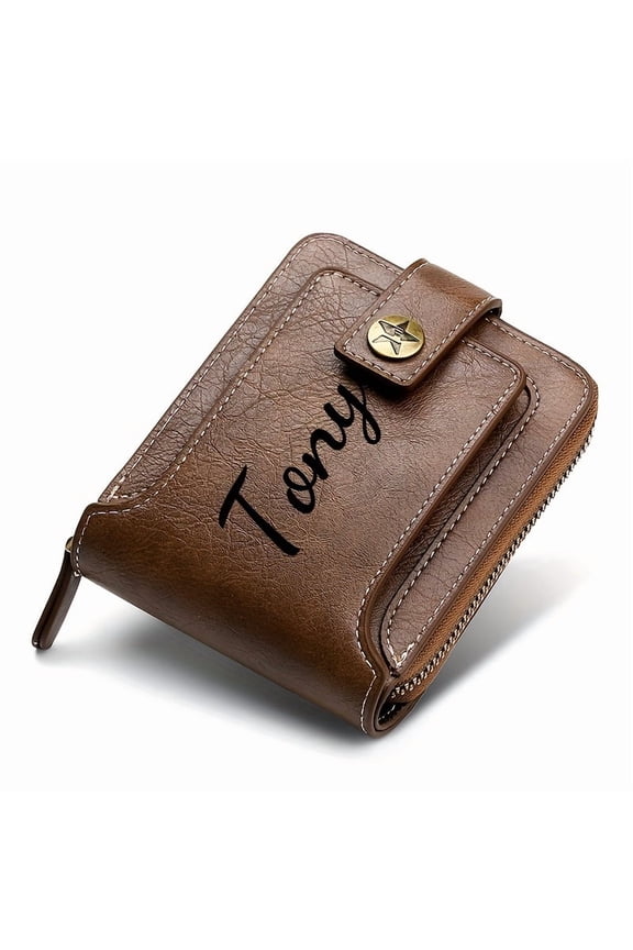 Custom Name Men's Wallet Gift Stylish Brown Faux Leather Engraved Purse Personalized Decorative Durable Card Holder Coin Pocket